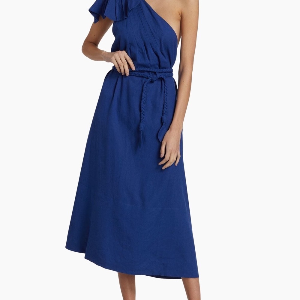 FARM Rio “Leaf” One-Shoulder Maxi/Midi Dress with Braided Self-Tie Belt